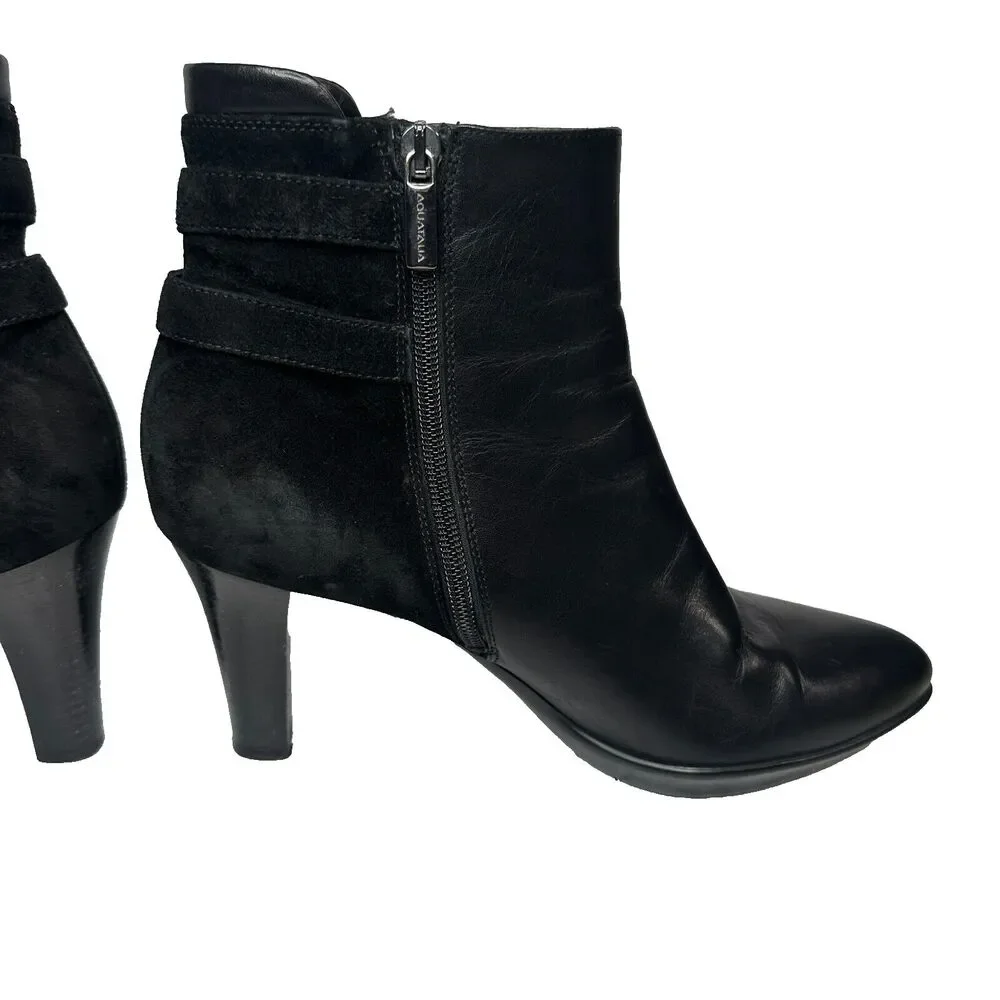 Aquatalia Italian Leather Ankle Boots Roma Black Double Buckle